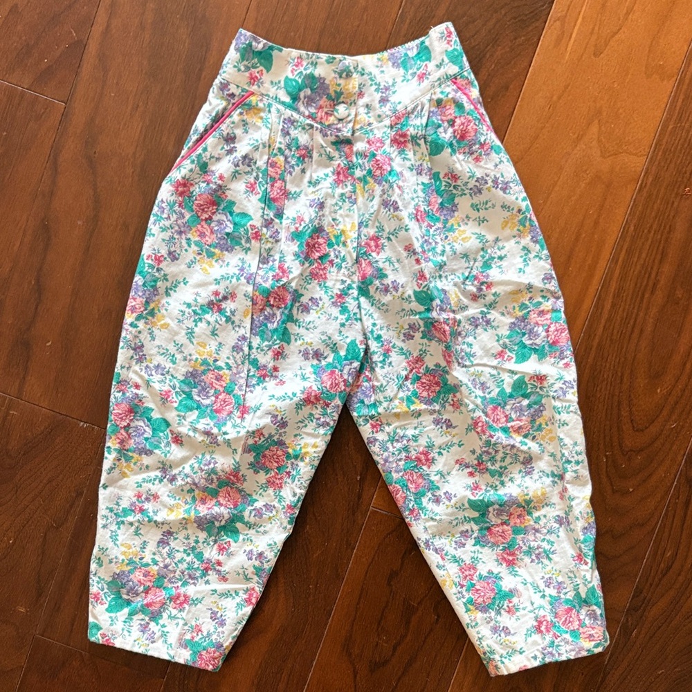 Vintage floral cottagecore garden 100% cotton pleated harem balloon pants sz 3/4